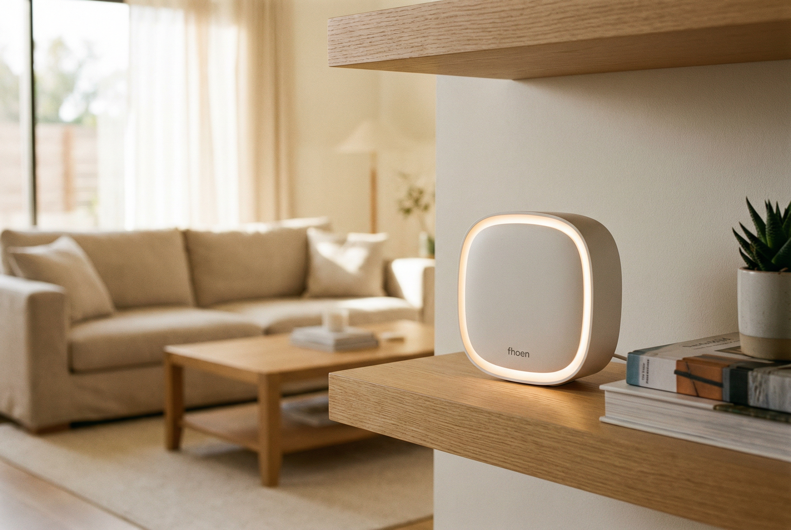 Fhoen device on shelf in living room